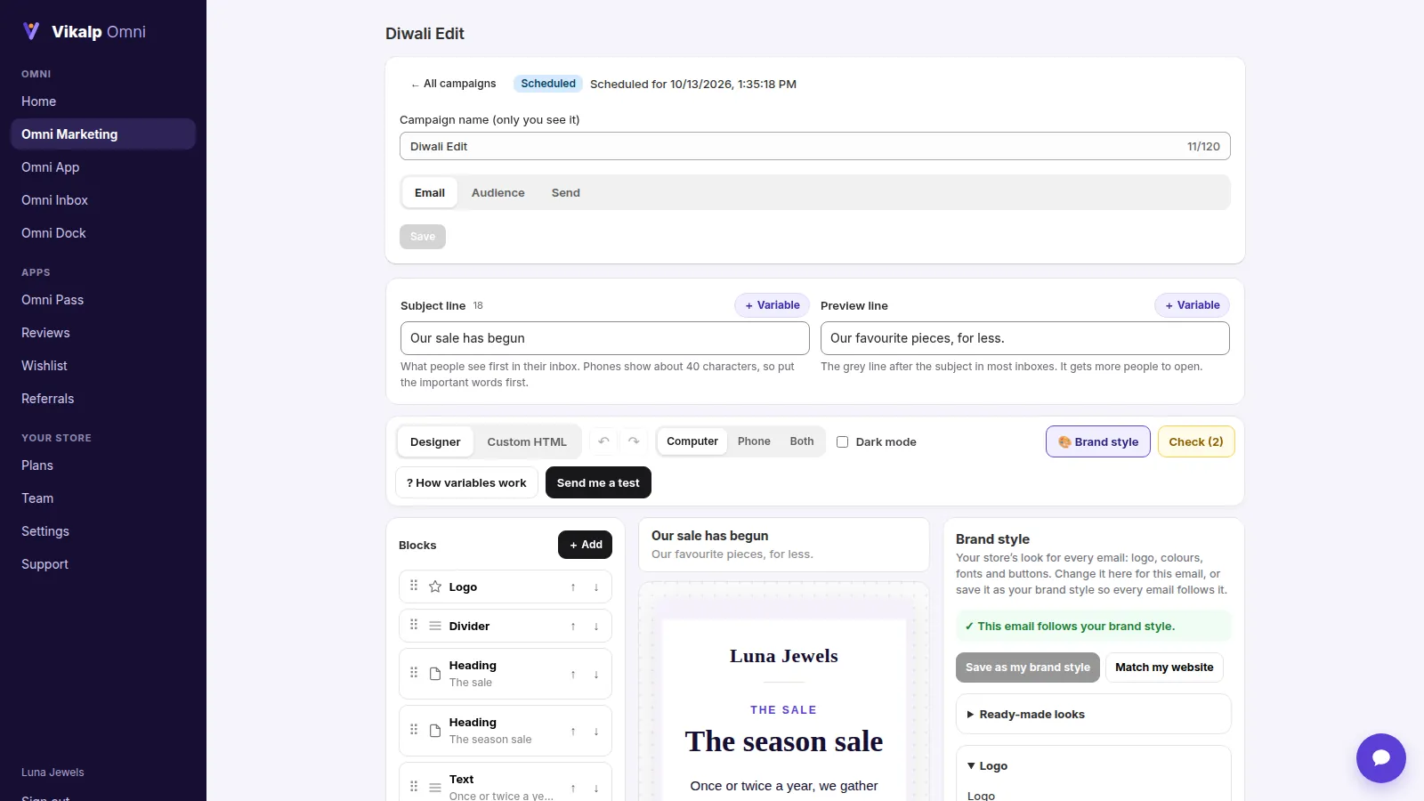 The Omni Marketing email designer with a festive campaign