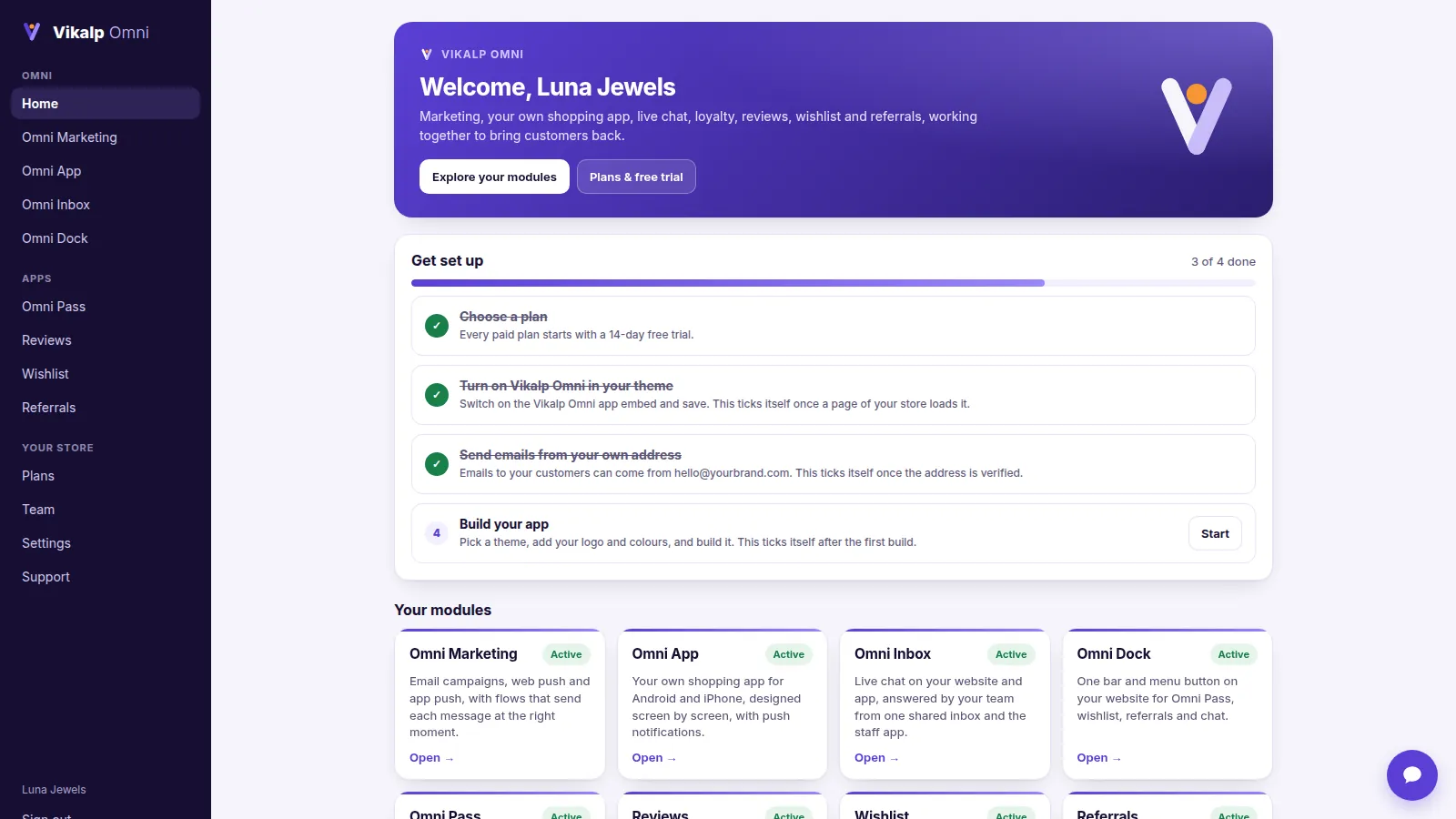 The Vikalp Omni dashboard: a setup list that ticks itself and every module at a glance