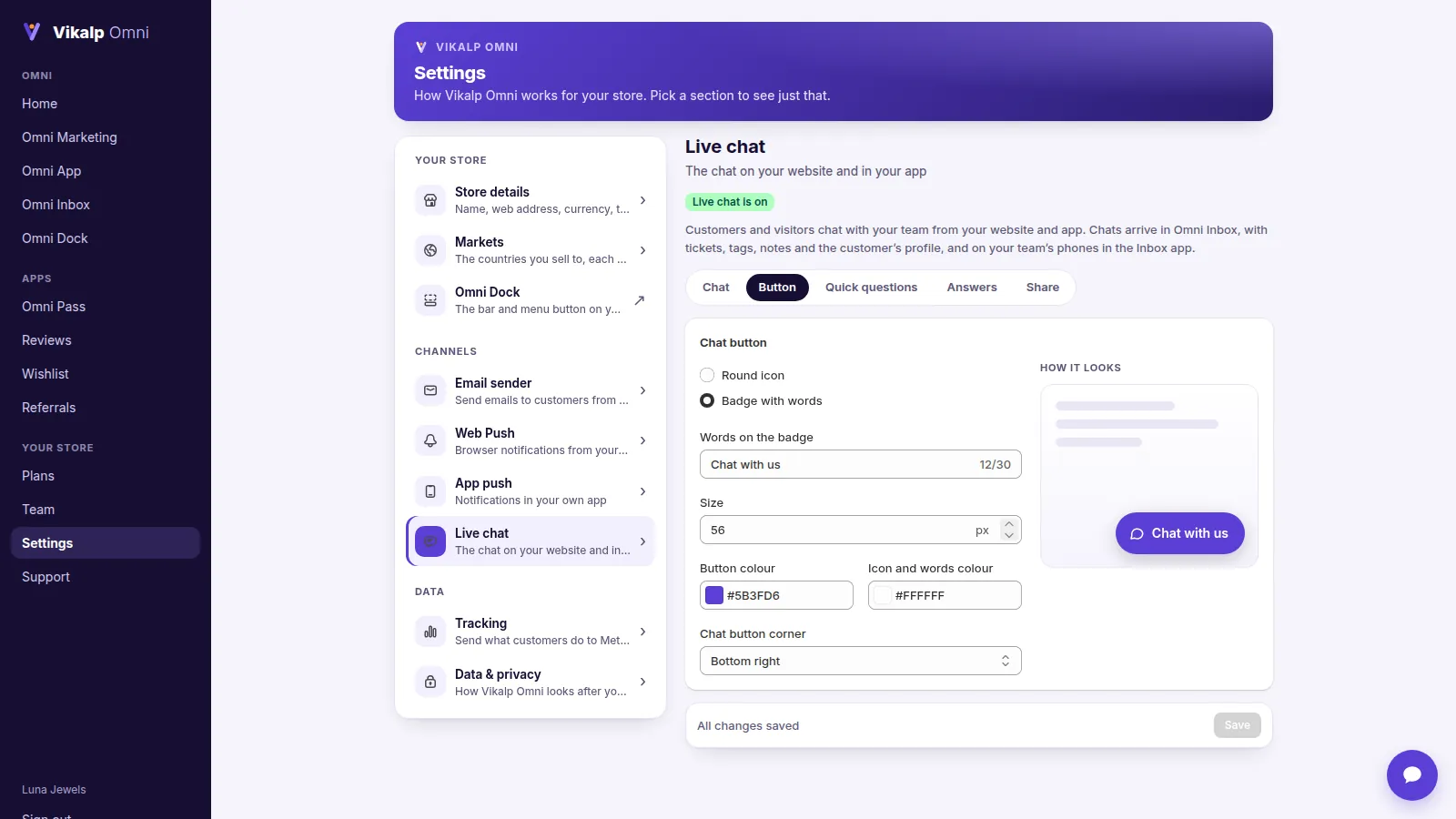 Live chat settings: the chat button and its preview