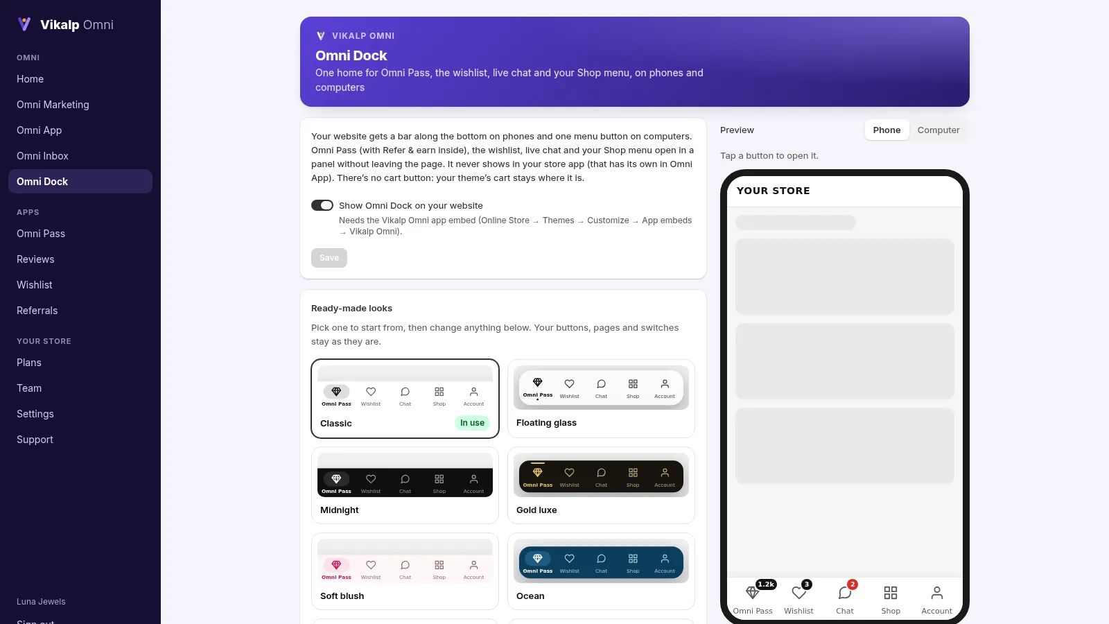 Omni Dock settings with a phone preview of the bottom bar