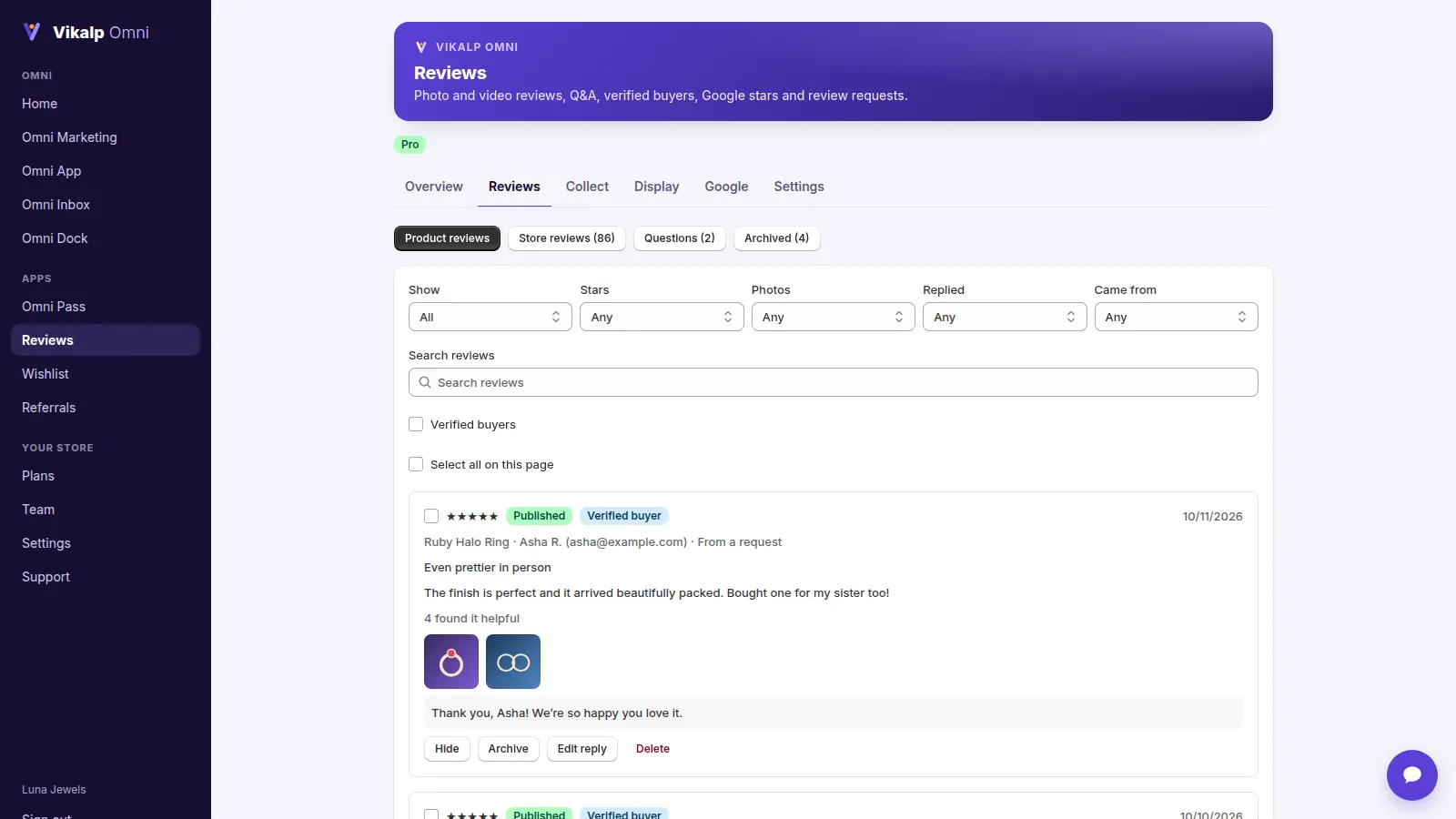 Reviews: verified-buyer reviews with photos and replies